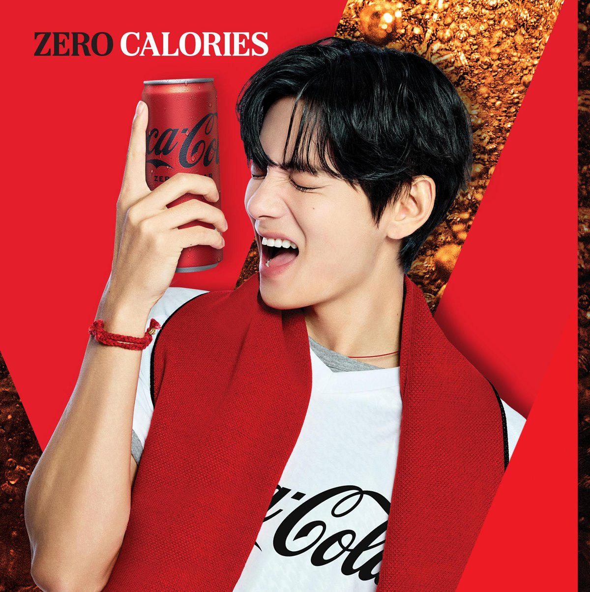 Coca-Cola Coke Time V key visual featuring K-pop artist V holding a Coca-Cola Zero can, red background