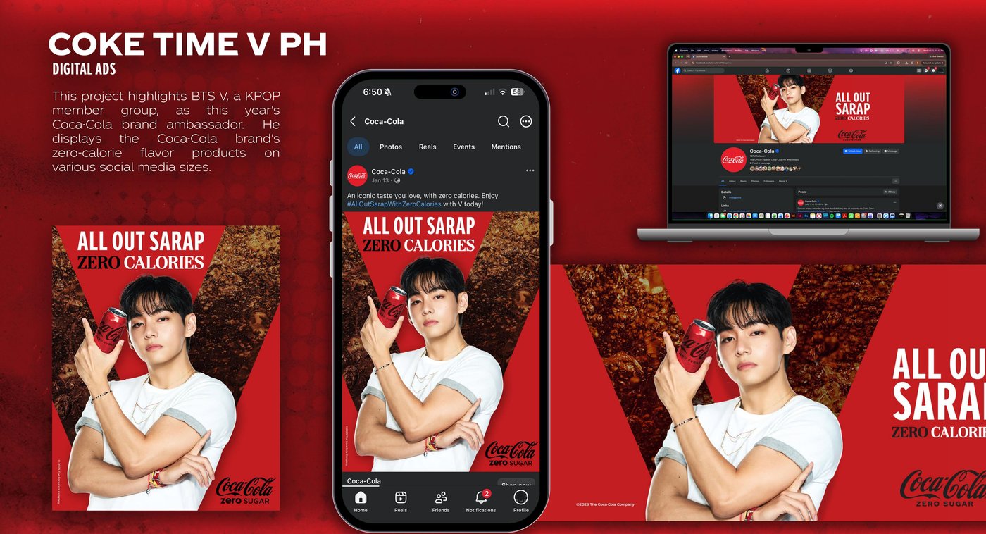 Coca-Cola Coke Time V digital ads shown on a phone and laptop, Facebook feed and page cover mockups