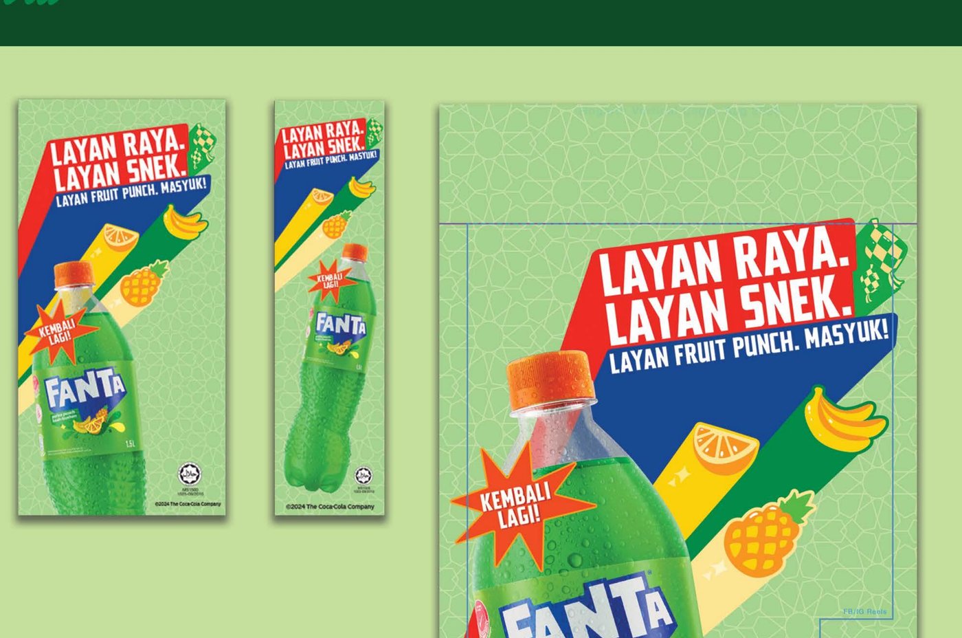 Fanta static banner ad set for Malaysia, shown in three different sizes with safe-area guides for Facebook, Twitter, and Instagram