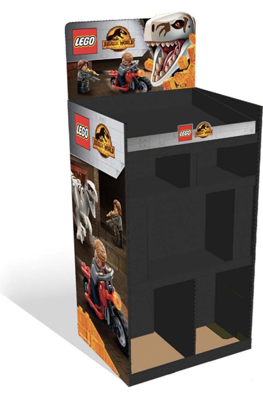 LEGO Jurassic World retail display tower with dinosaur skull header and minifigure artwork