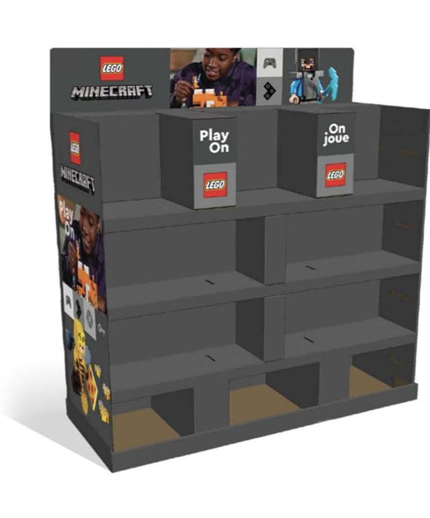 LEGO Minecraft gondola shelf display with Play On and On Joue divider panels