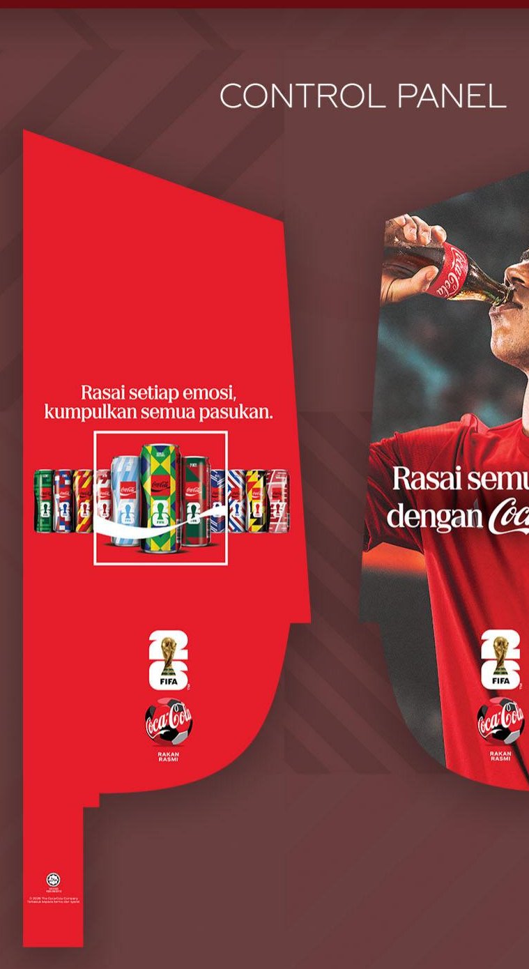 Coca-Cola FIFA World Cup train control panel artwork with country-flag can designs