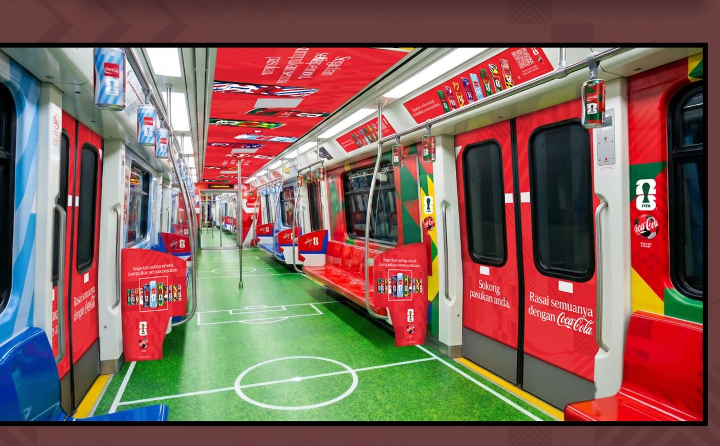 Coca-Cola FIFA World Cup LRT train interior wrap in Malaysia, football pitch floor graphic and ceiling wrap