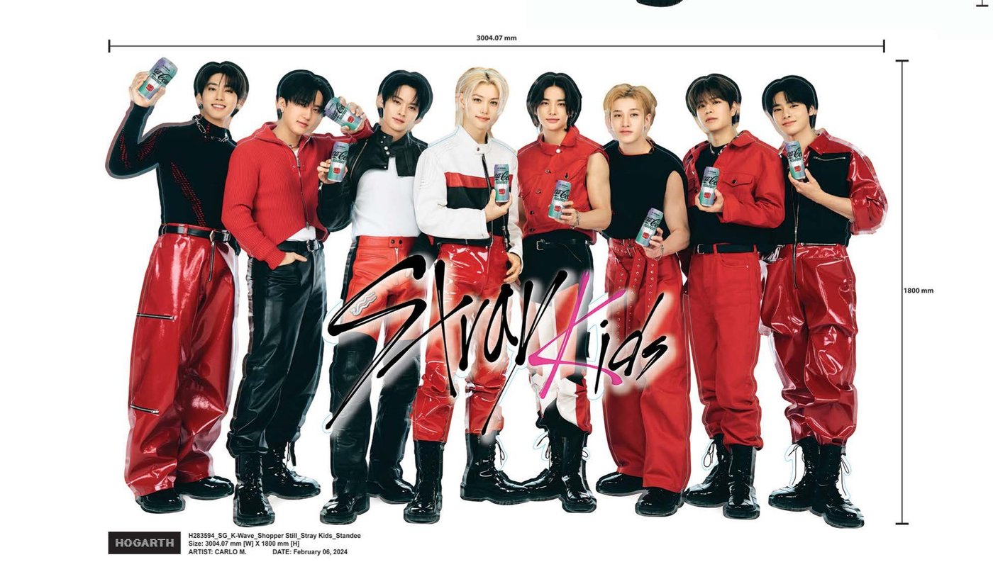 Coca-Cola K-Wave shopper standee featuring K-pop group Stray Kids, life-size retail cutout